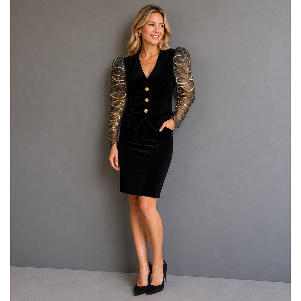 Vintage‎ 80s Susan Roselli for Vijack Velvet Set Sz 12 Gold Embroidered Glam